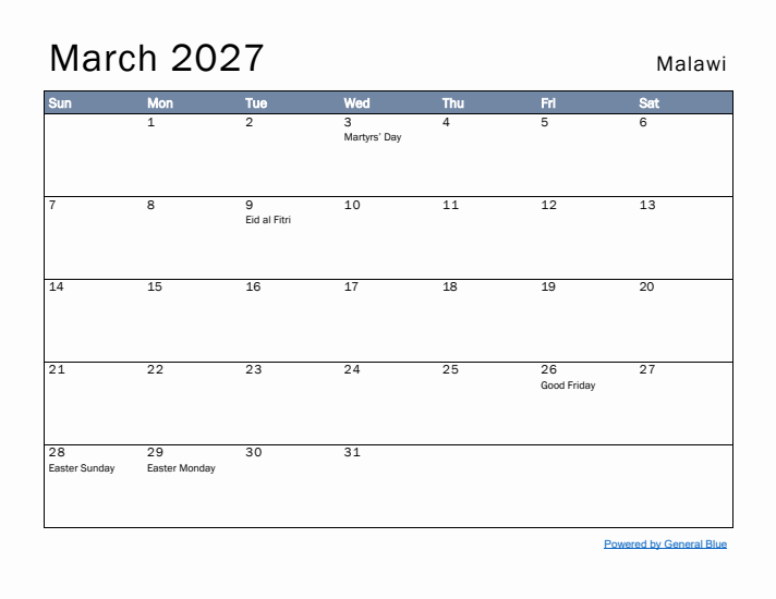 March 2027 Simple Monthly Calendar for Malawi