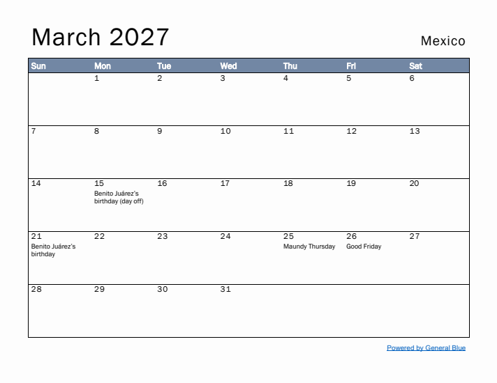 March 2027 Simple Monthly Calendar for Mexico