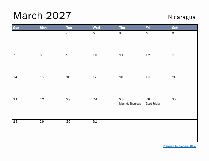 March 2027 Simple Monthly Calendar for Nicaragua