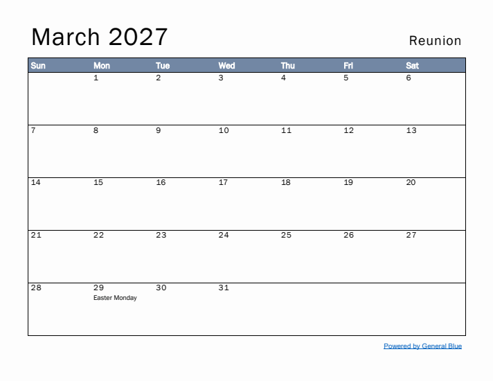 March 2027 Simple Monthly Calendar for Reunion