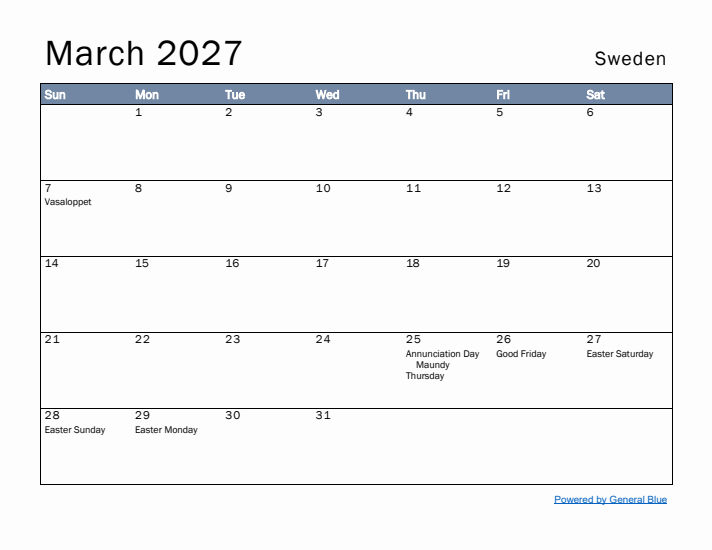 March 2027 Simple Monthly Calendar for Sweden