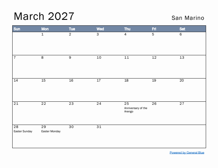 March 2027 Simple Monthly Calendar for San Marino