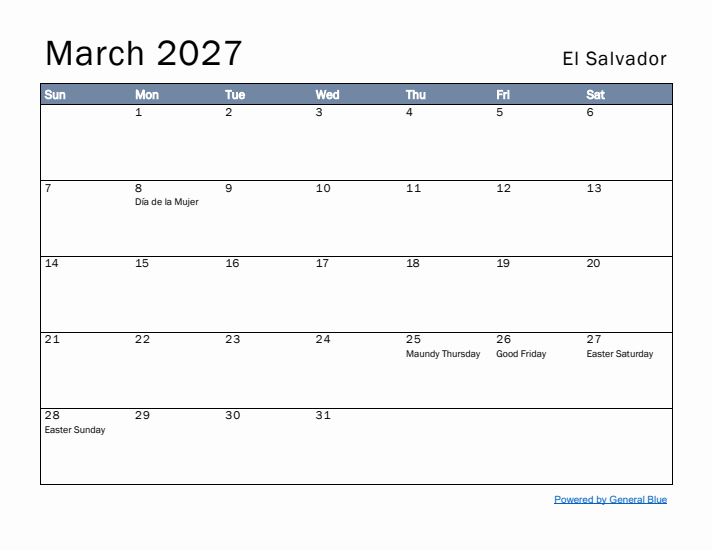 March 2027 Simple Monthly Calendar for El Salvador