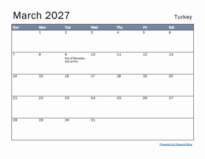 March 2027 Simple Monthly Calendar for Turkey