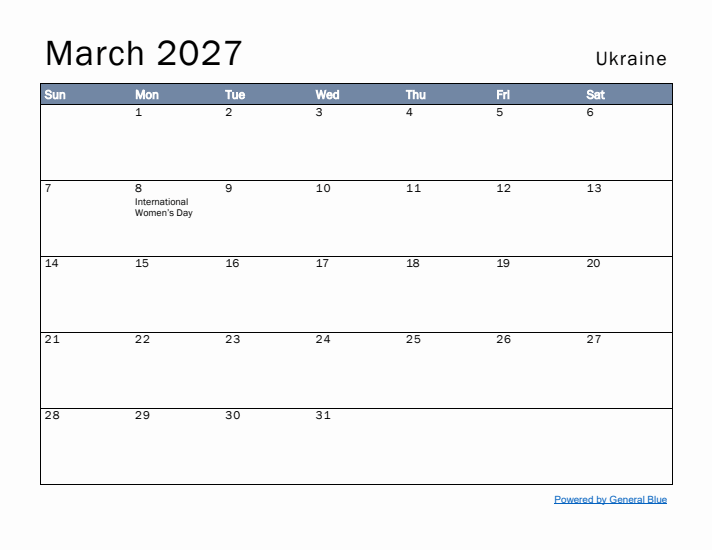 March 2027 Simple Monthly Calendar for Ukraine