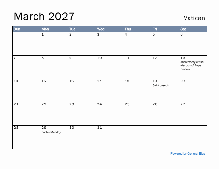 March 2027 Simple Monthly Calendar for Vatican