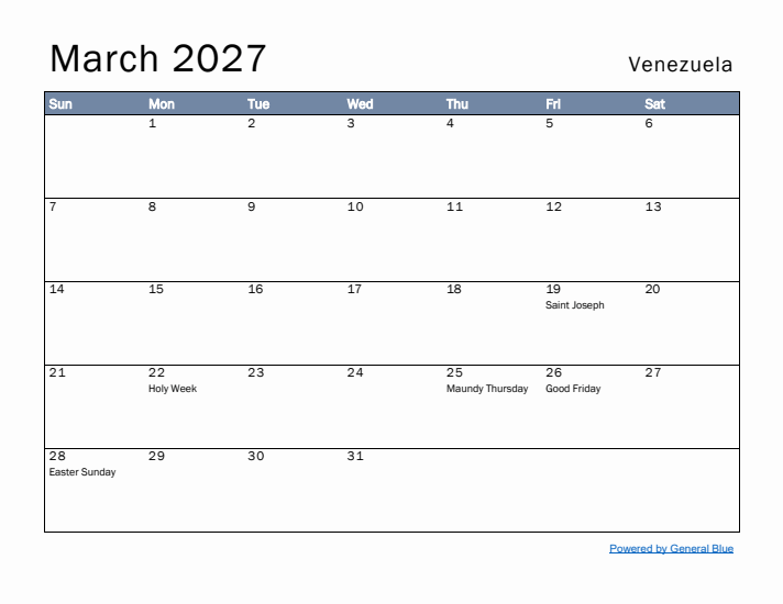 March 2027 Simple Monthly Calendar for Venezuela