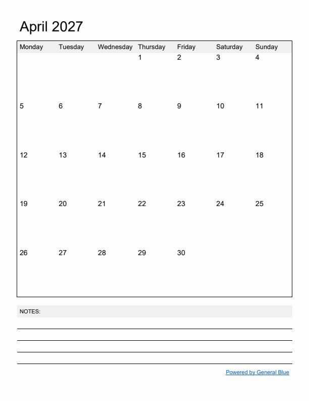 Basic Monthly Calendar Template for April 2027