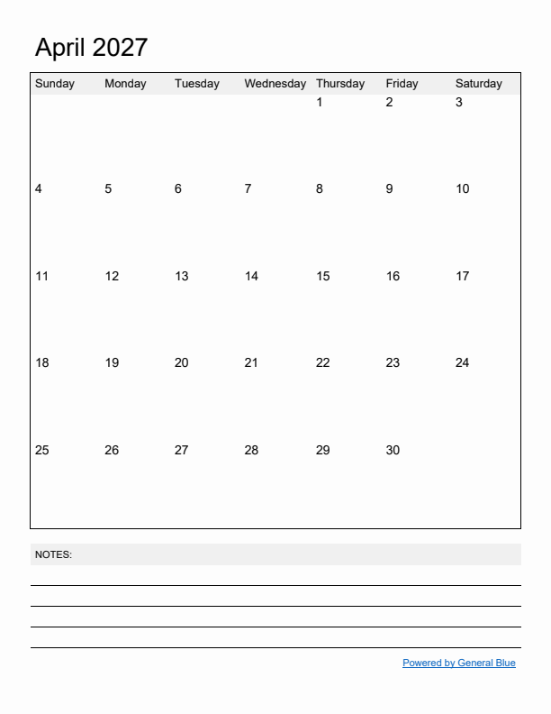 Basic Monthly Calendar Template for April 2027