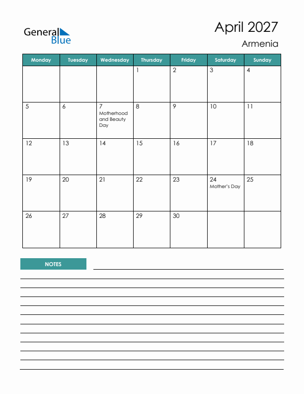 Calendar with Notes Printable - Monday Start