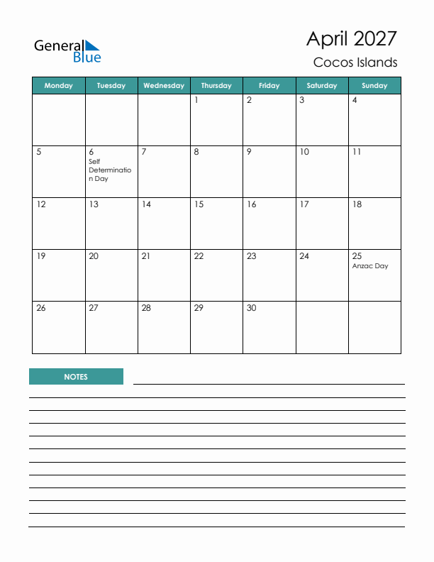 Calendar with Notes Printable - Monday Start