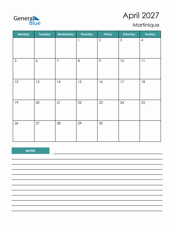 Calendar with Notes Printable - Monday Start