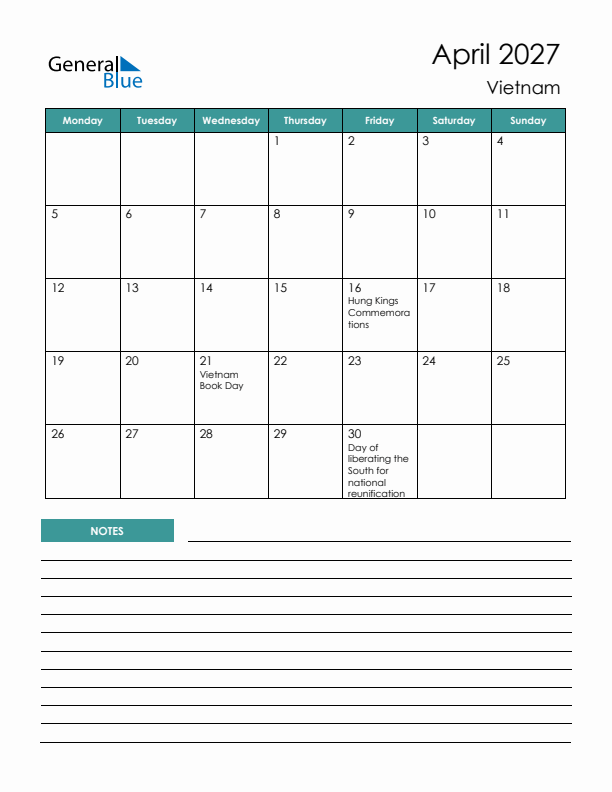 Calendar with Notes Printable - Monday Start