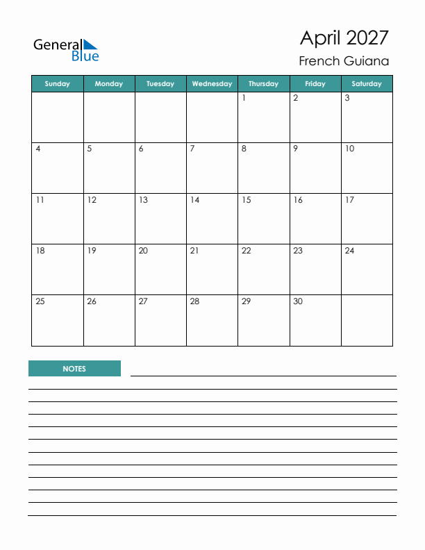 Calendar with Notes Printable - Sunday Start