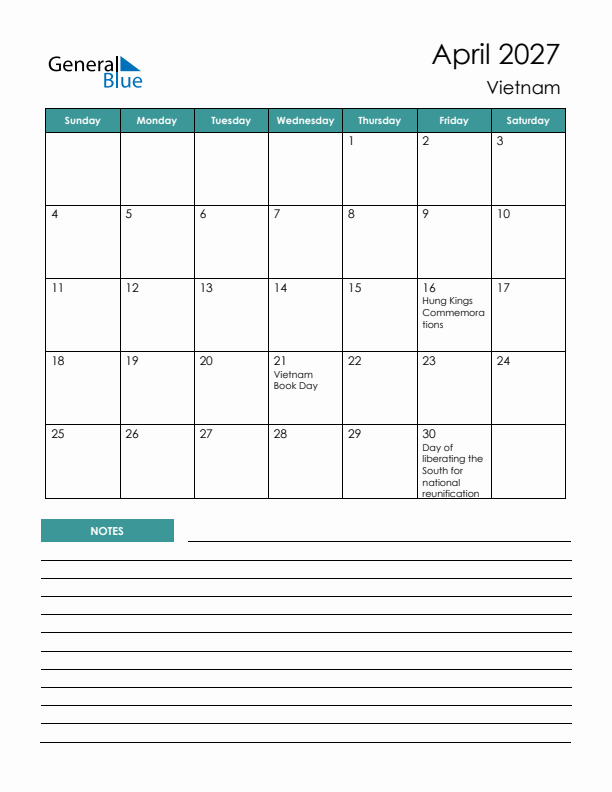 Calendar with Notes Printable - Sunday Start