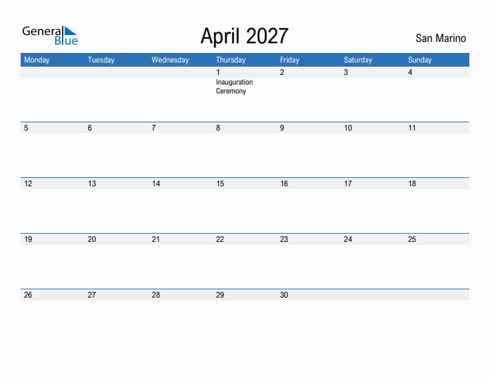 Fillable April 2027 Calendar