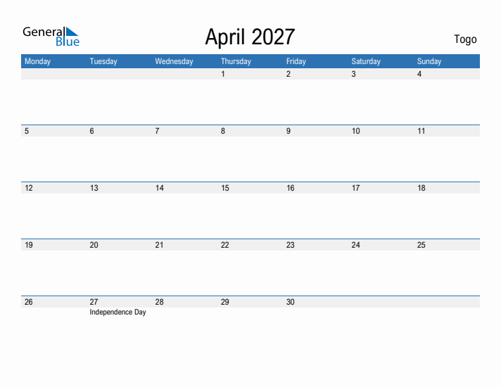 Fillable April 2027 Calendar