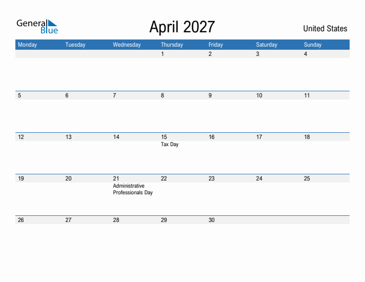 Fillable April 2027 Calendar