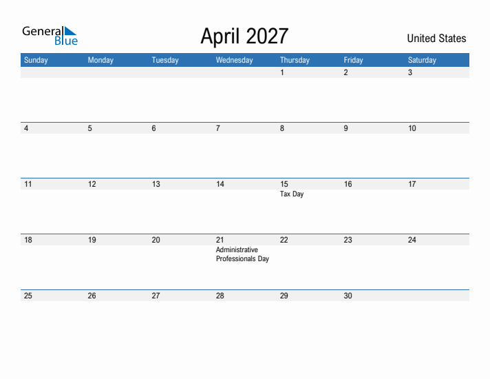 Fillable April 2027 Calendar