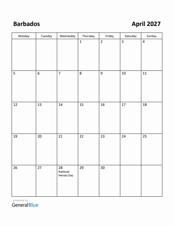 April 2027 Calendar with Barbados Holidays