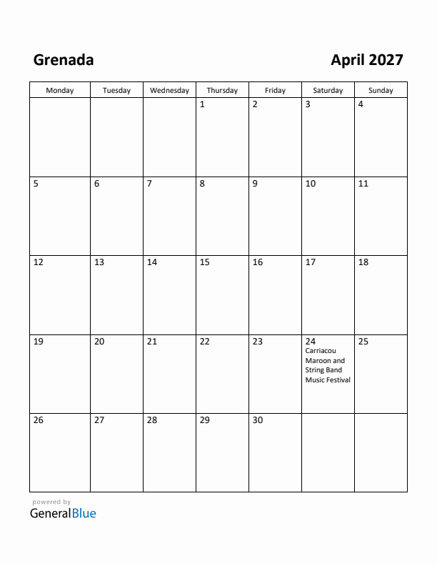 April 2027 Calendar with Grenada Holidays