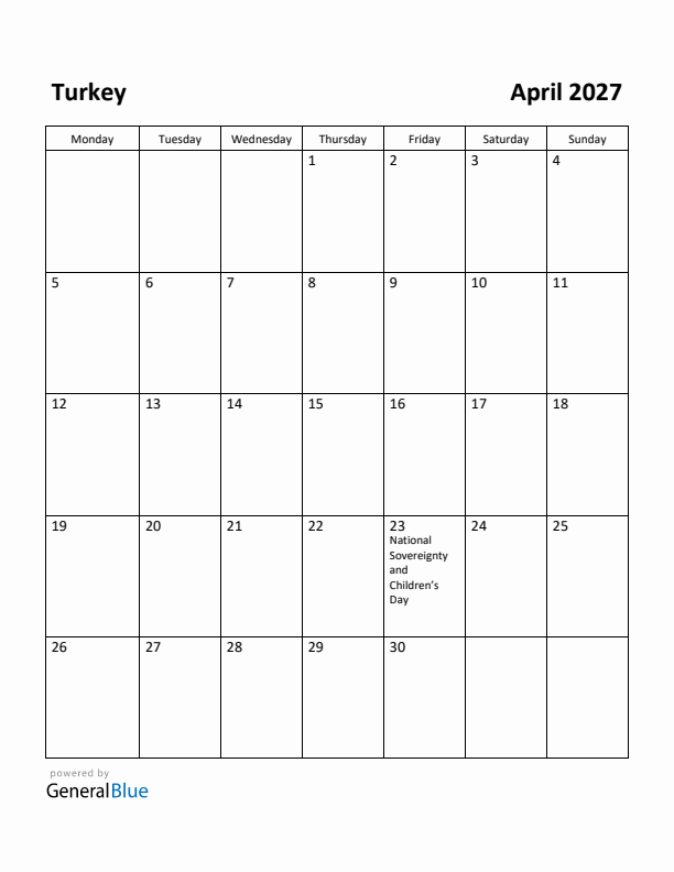 April 2027 Calendar with Turkey Holidays