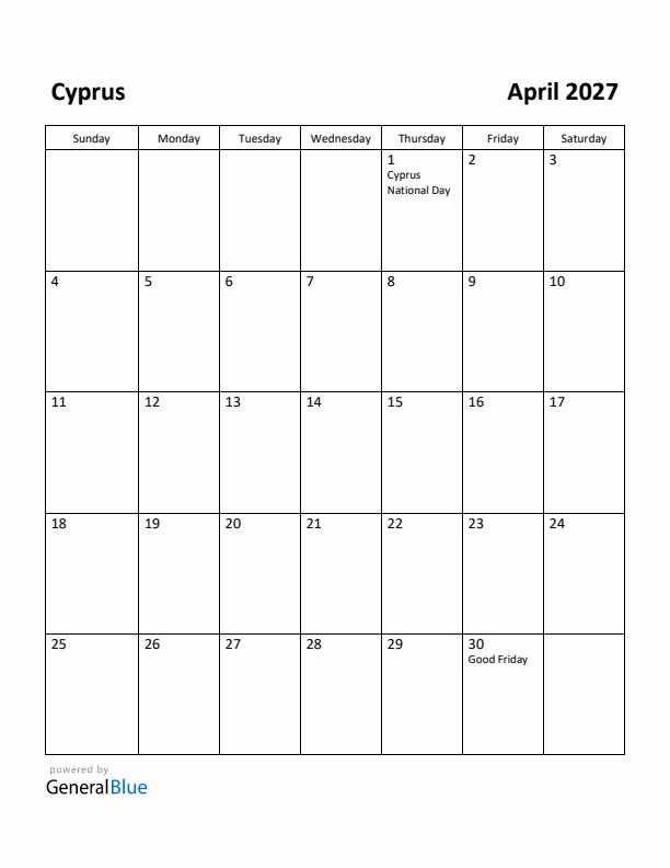 April 2027 Calendar with Cyprus Holidays