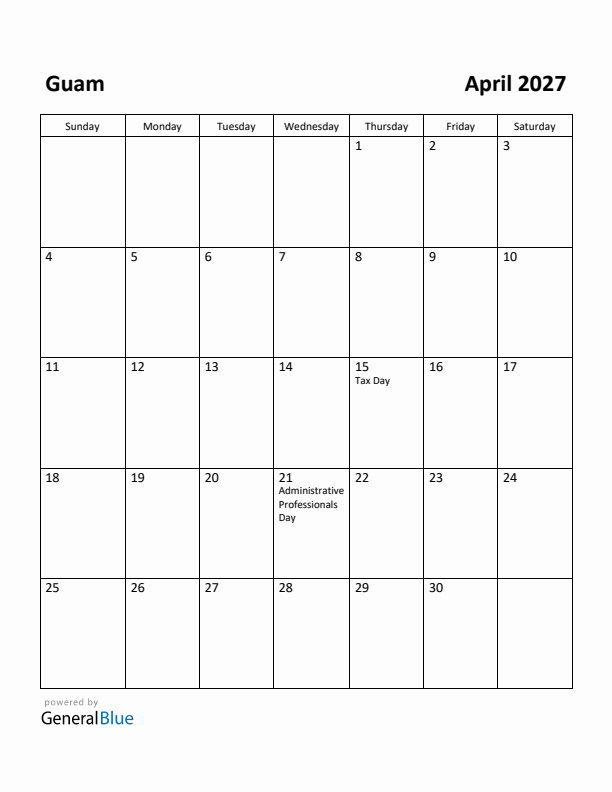 April 2027 Calendar with Guam Holidays