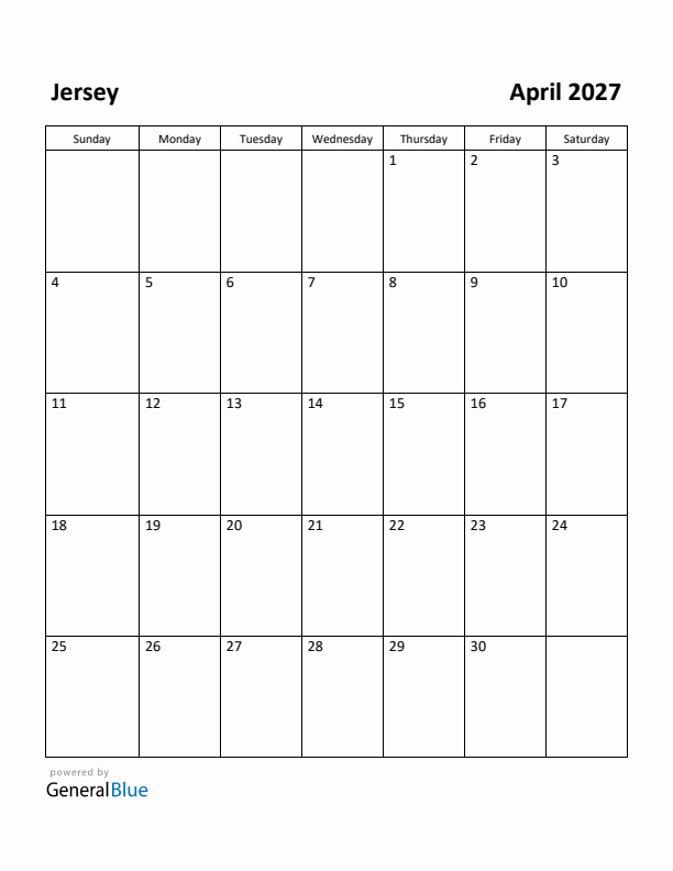 April 2027 Calendar with Jersey Holidays