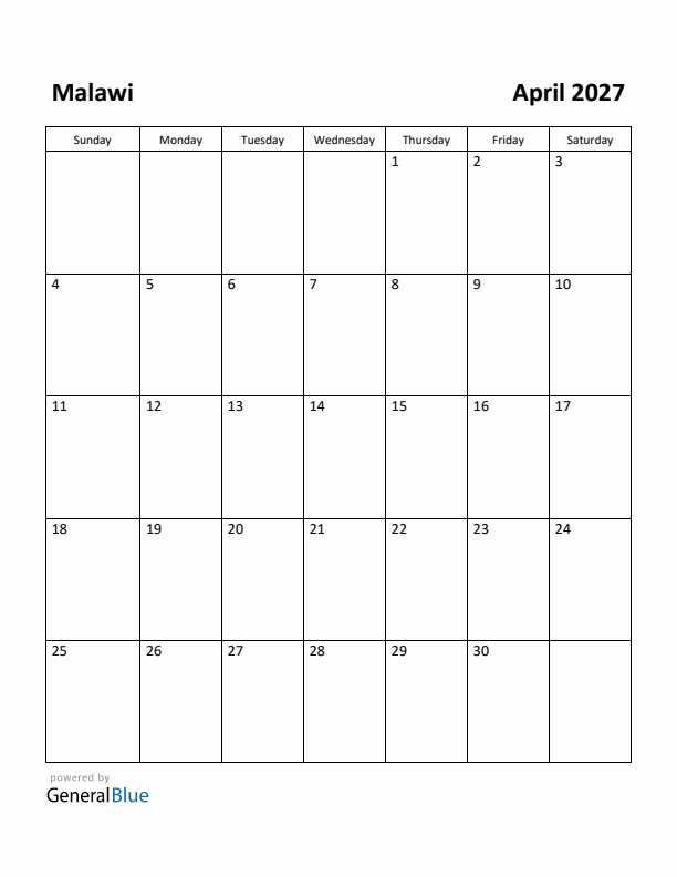 April 2027 Calendar with Malawi Holidays