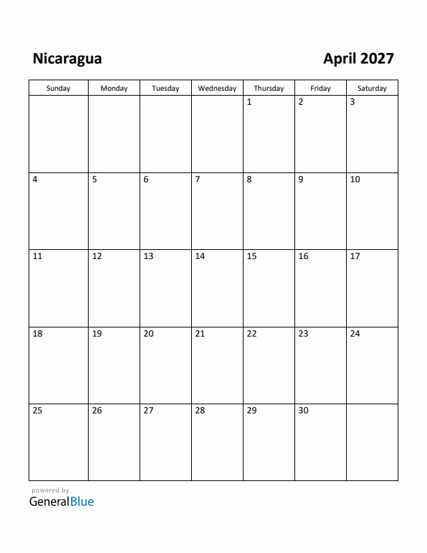 April 2027 Calendar with Nicaragua Holidays