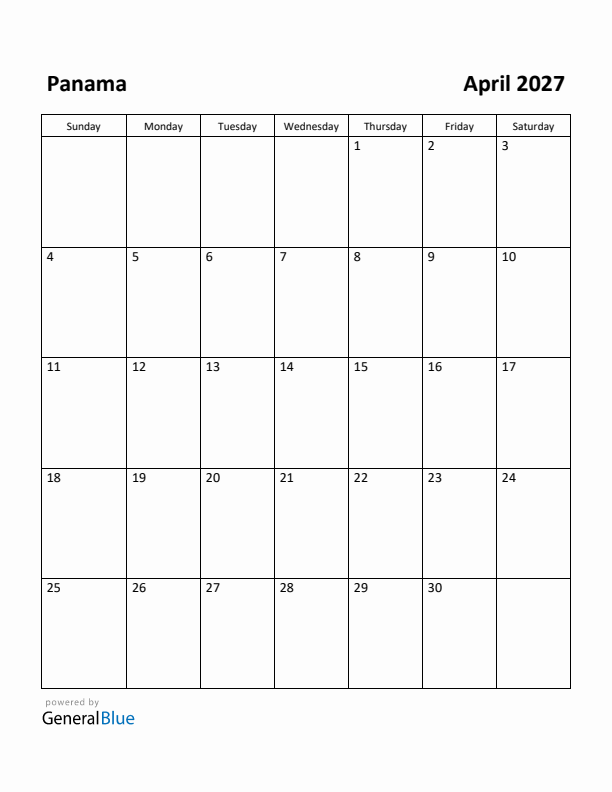 April 2027 Calendar with Panama Holidays