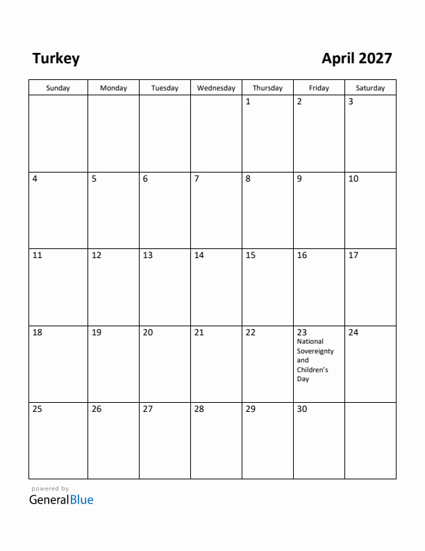 April 2027 Calendar with Turkey Holidays