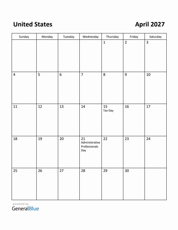 April 2027 Calendar with United States Holidays