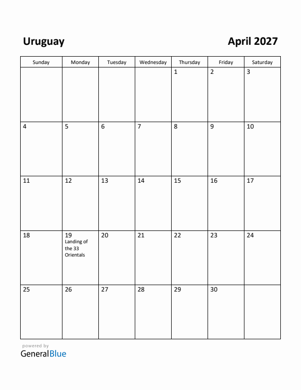 April 2027 Calendar with Uruguay Holidays