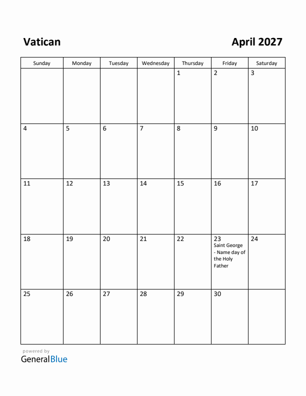 April 2027 Calendar with Vatican Holidays