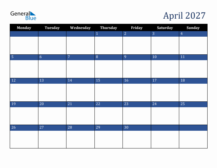 Monday Start Calendar for April 2027