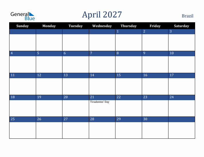 April 2027 Brazil Calendar (Sunday Start)