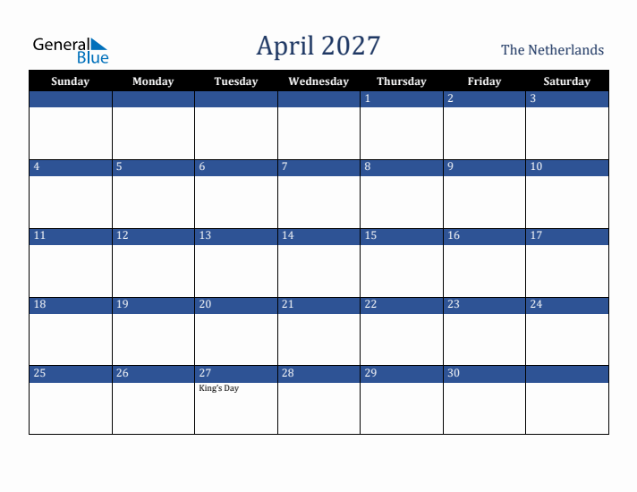 April 2027 The Netherlands Calendar (Sunday Start)