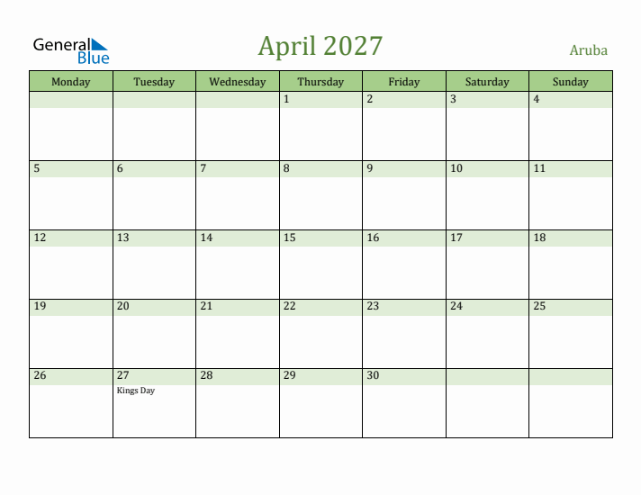 April 2027 Calendar with Aruba Holidays