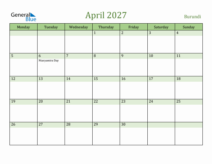 April 2027 Calendar with Burundi Holidays