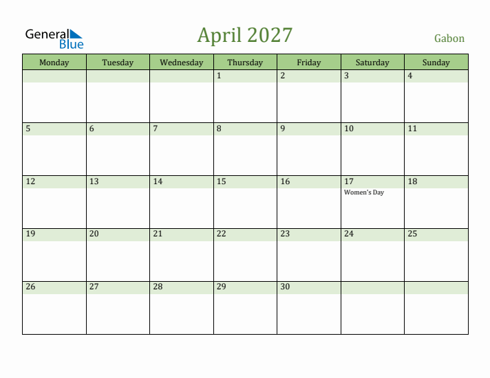 April 2027 Calendar with Gabon Holidays