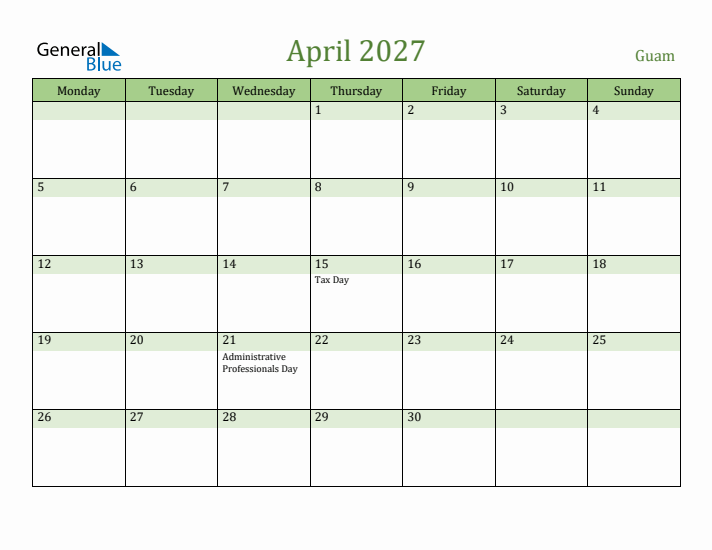 April 2027 Calendar with Guam Holidays