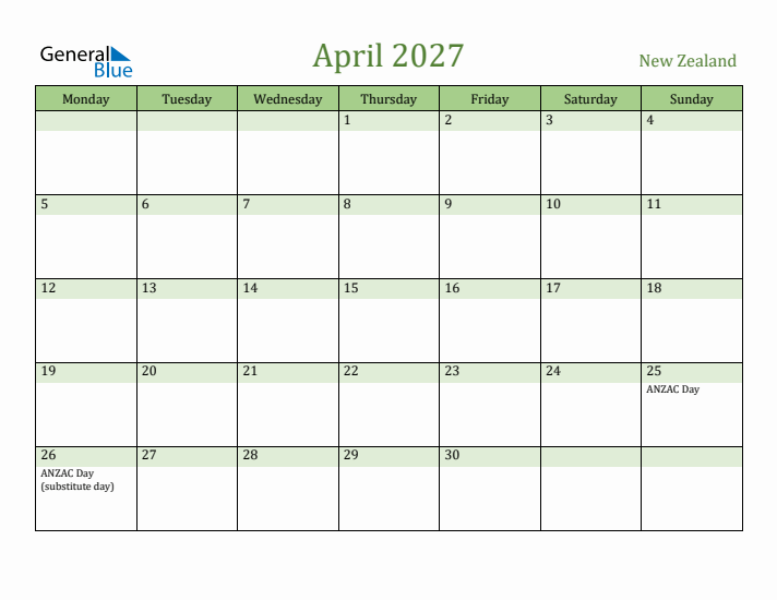 April 2027 Calendar with New Zealand Holidays