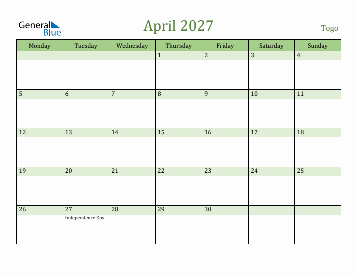 April 2027 Calendar with Togo Holidays