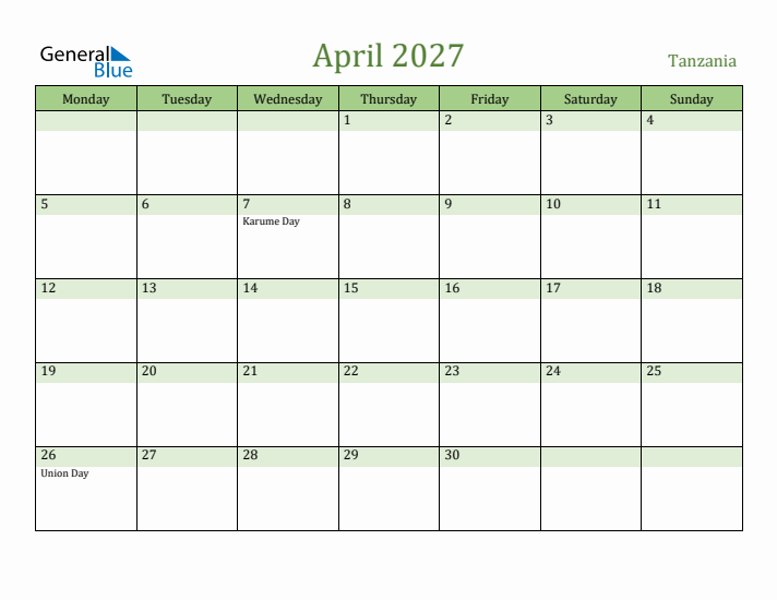 April 2027 Calendar with Tanzania Holidays