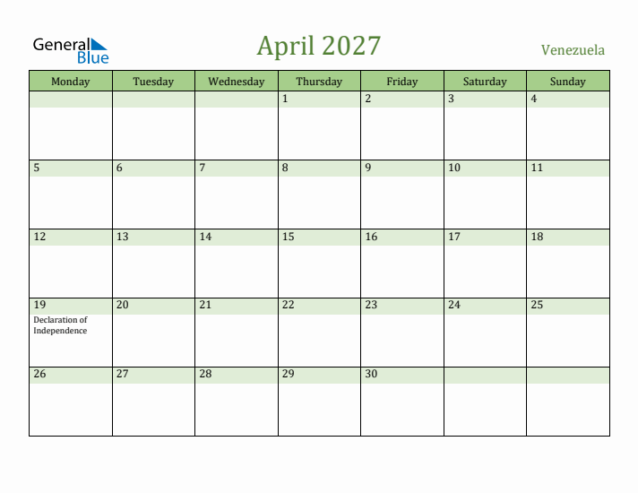 April 2027 Calendar with Venezuela Holidays