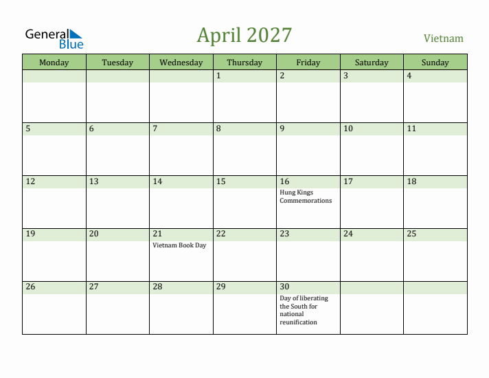 April 2027 Calendar with Vietnam Holidays