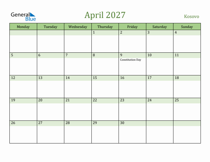 April 2027 Calendar with Kosovo Holidays