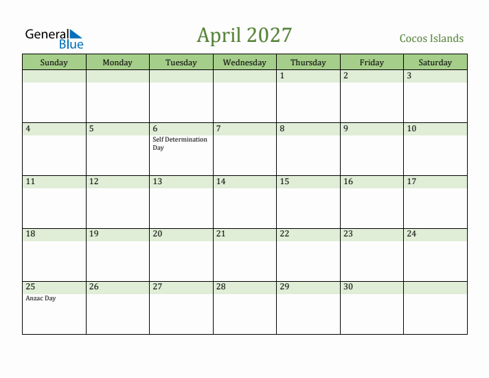 April 2027 Calendar with Cocos Islands Holidays